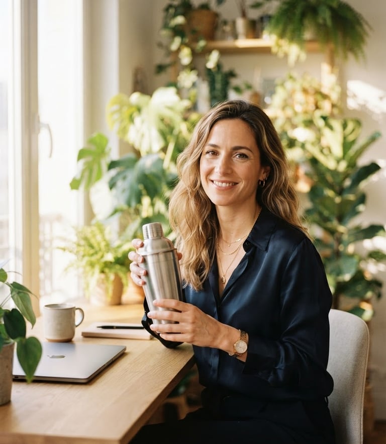 A professional French woman in a sunlit modern home office, botanical plants in background, holding a clean shaker cup, elegant editorial 35mm photography, soft gold light, shallow depth of field