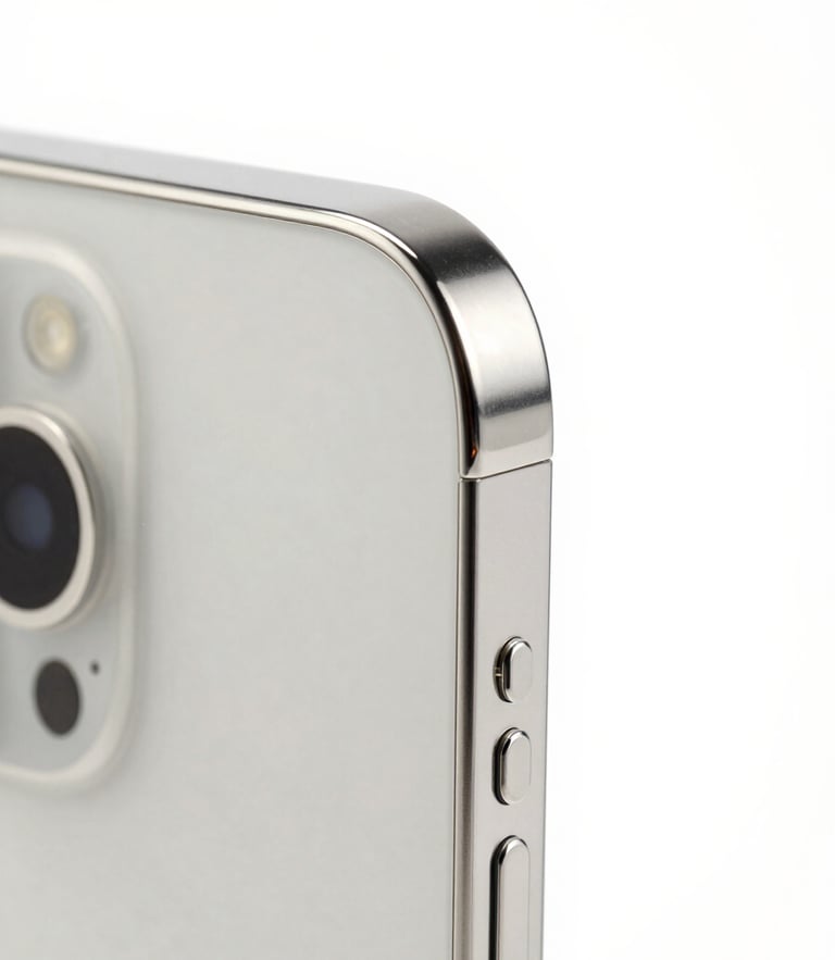 Pristine smartphone hardware close-up, bright high-key studio lighting, neutral minimalist tones, sharp macro lens focusing on the titanium edge and camera ring, isolated profile.