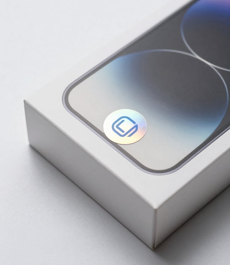 Crisp macro shot of a sealed smartphone box with holographic authenticity seal, high-key studio lighting, neutral minimalist background