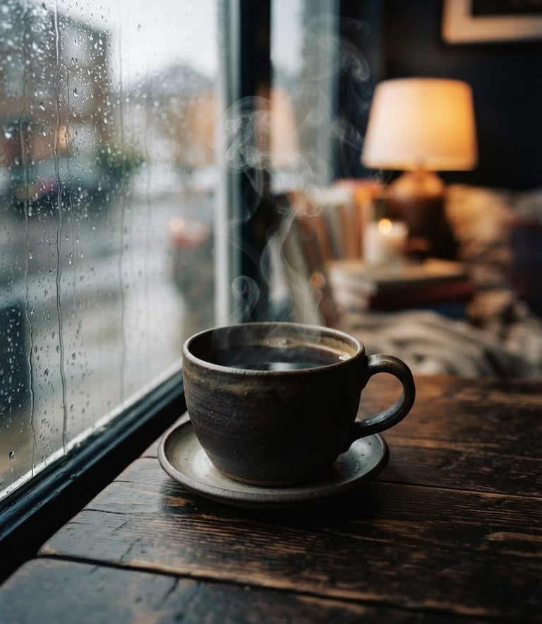 Intimate close-up of a steaming ceramic cup of coffee on a dark wooden table, rain-streaked window pane with soft warm interior lamp light in the background, moody film photography, 35mm lens