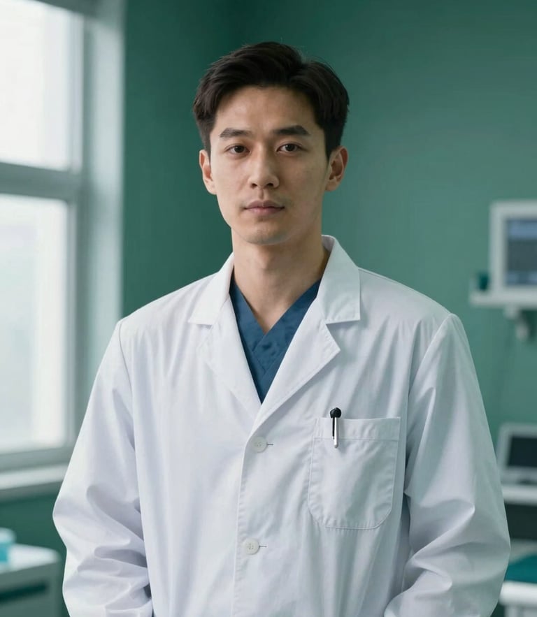 Professional, confident portrait of a male surgeon in a white clinical coat, soft natural window light, deep petrol green background, clinical elegance.