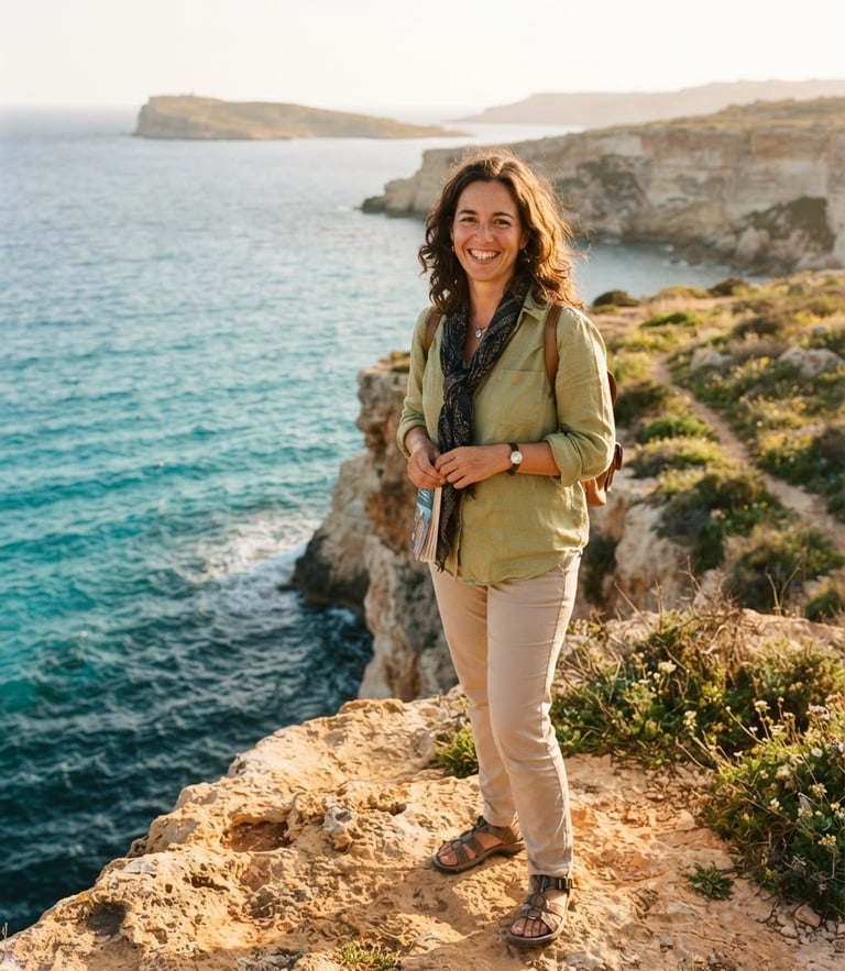 Friendly French guide standing on a sun-drenched limestone cliff in Gozo, warm golden-hour Mediterranean sunlight, turquoise sea background, 35mm editorial photography