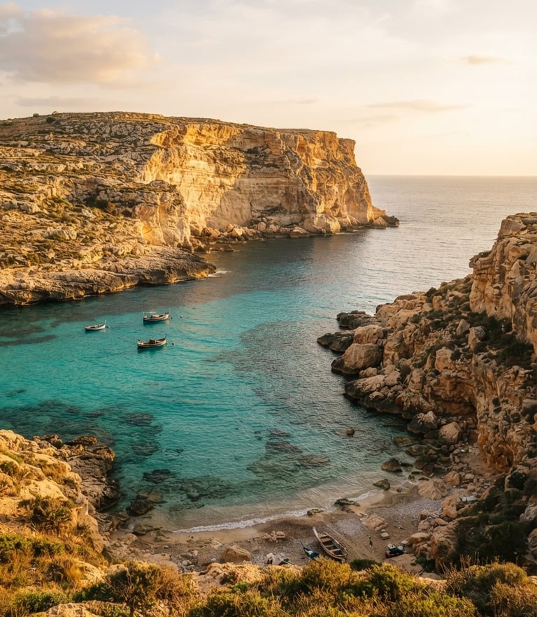 Wide panoramic shot of a hidden turquoise sea cove in Gozo, glowing limestone cliffs, golden hour Mediterranean sunlight, 35mm