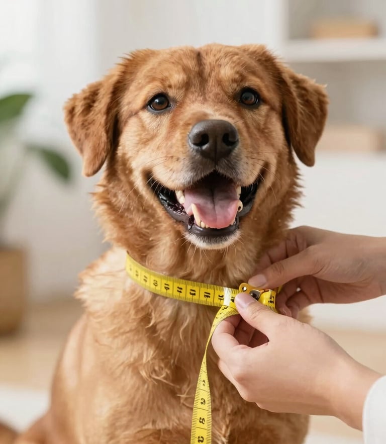 Close-up of hands gently measuring a happy brown dog with a soft yellow measuring tape, bright natural indoor light, warm and professional atmosphere