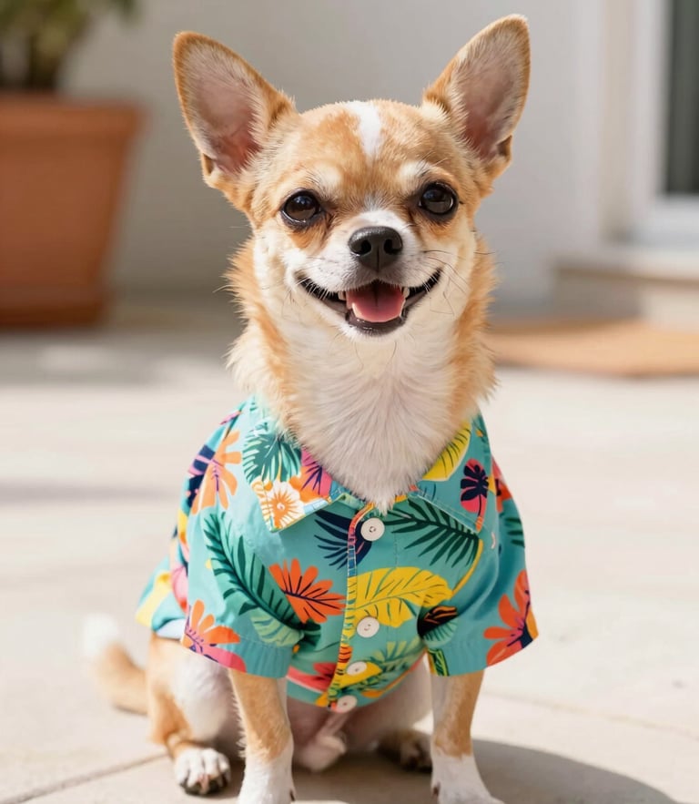 A happy small Chihuahua wearing a colorful tropical print shirt, sitting on a sunlit patio, eye-level shot, vibrant colors.