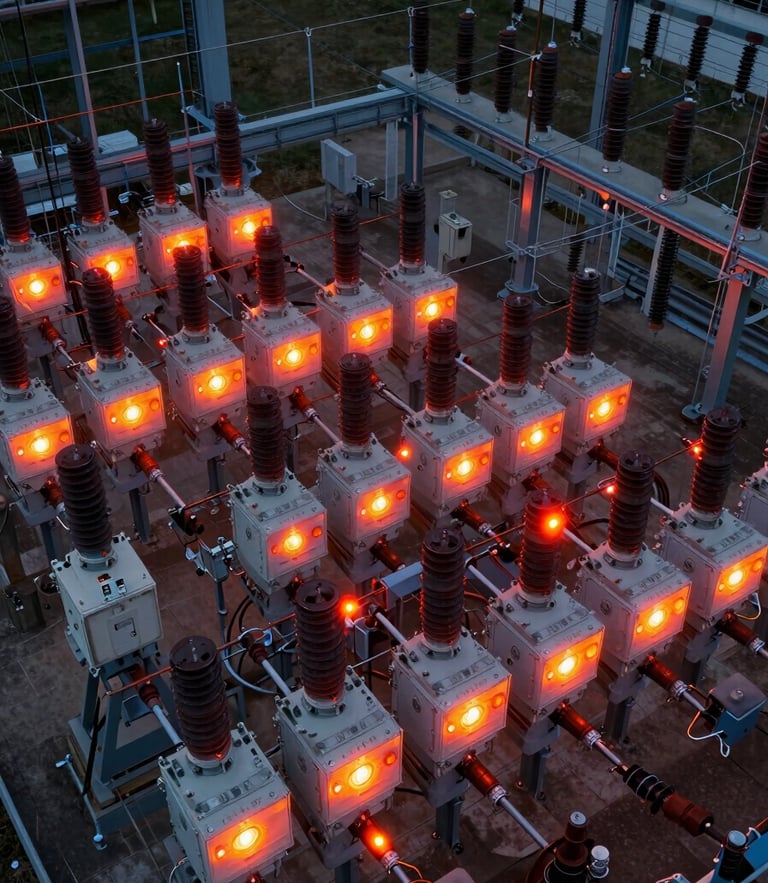 Top-down radiometric thermal scan of a massive industrial substation, high-contrast ironbow palette revealing critical hot spots on electrical breakers, crisp technical details.
