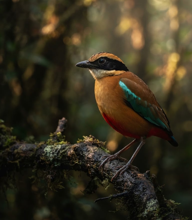 Close-up of a vibrant native Indian bird perched on a mossy branch, dappled forest sunlight, shallow depth of field, 300mm telephoto lens