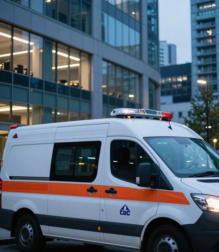 Close-up of a professional emergency dispatch vehicle parked outside a modern Vancouver commercial building at night, high-contrast artificial lighting, cool blue tones, sharp 35mm photography.