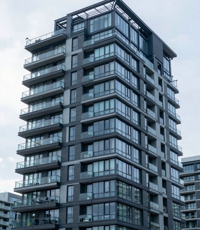 Sharp architectural photography of a modern Vancouver condominium facade, bright overcast daylight, cool blue tones, high clarity, 35mm