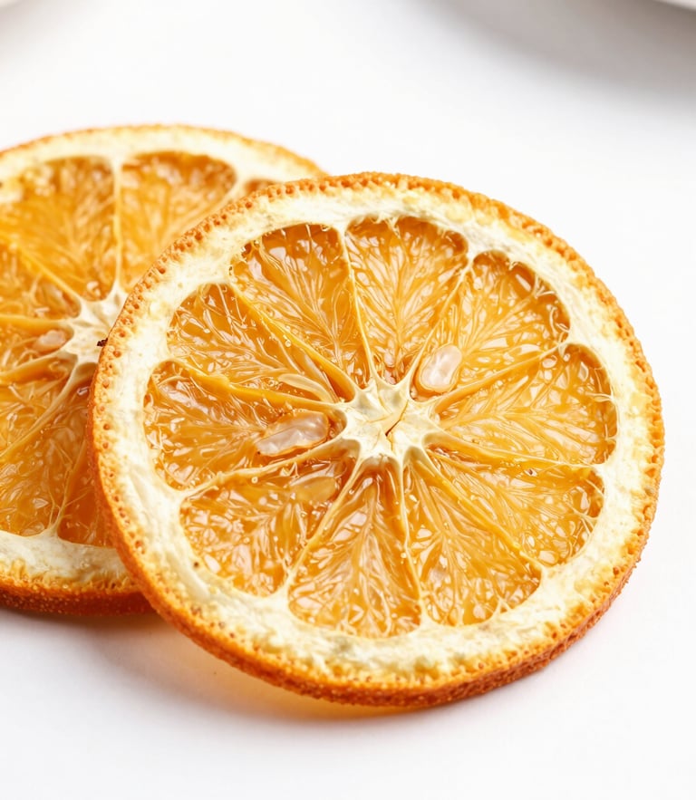 Macro shot of vibrant dehydrated orange slices showing cellular texture, bright high-key product photography, soft natural daylight, clean minimalist background