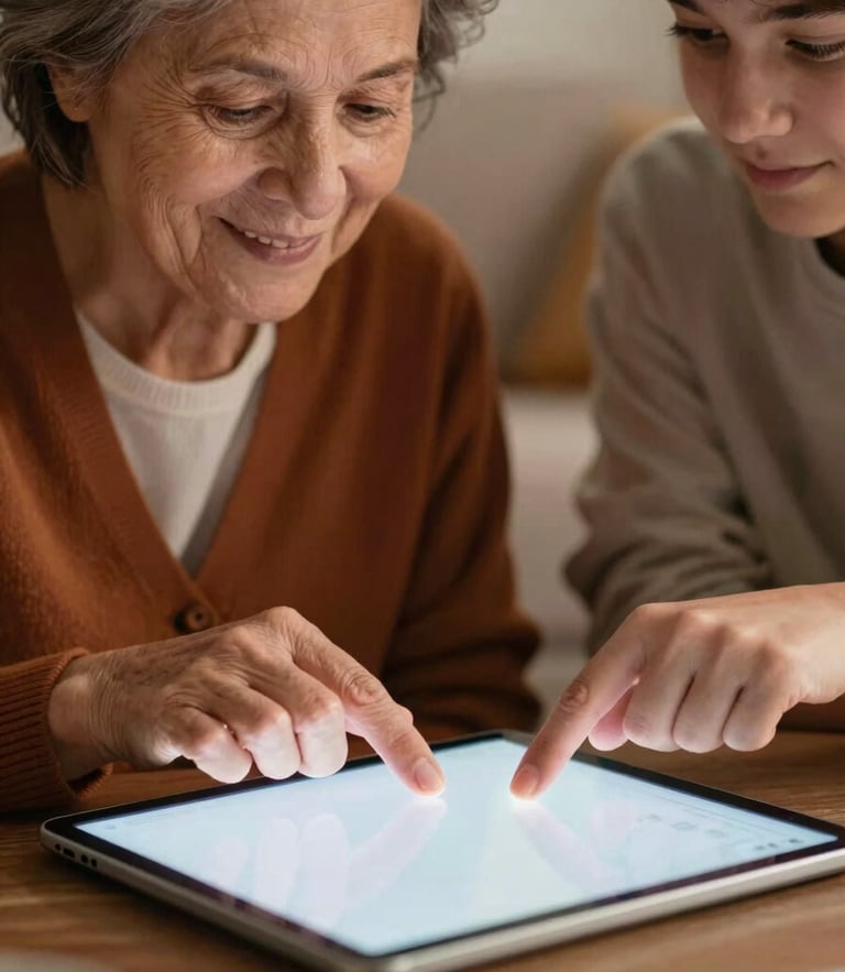 Warm editorial close-up of a senior woman smiling as a teenager guides her hand on a glowing tablet interface, soft ambient screen glow, rich organic tones