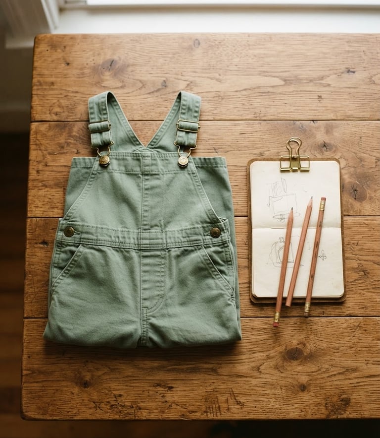 Overhead flat-lay of a child's green cotton overalls next to a brass-clipped notebook and cedar pencils on a warm wooden table, soft window light, 35mm film.