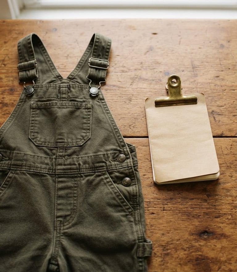 Overhead flat-lay of durable children's cotton overalls next to a brass-clipped notebook on a warm wooden table, soft natural window light, 35mm film.