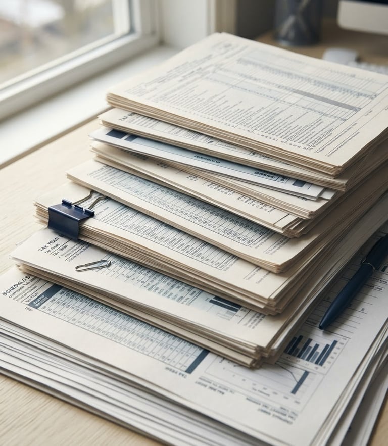 Close-up of neatly organized corporate tax documents on a warm cream desk, bright natural window light, desaturated navy tones, sharp focus, 50mm