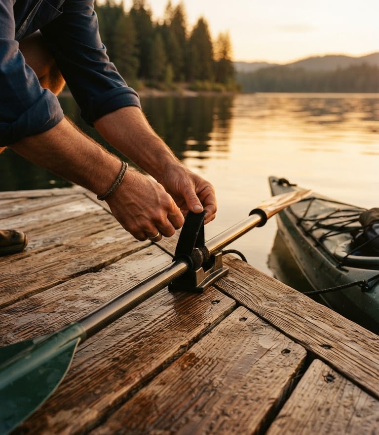 A close-up of hands securing a paddle on a wooden dock, warm golden hour light reflecting off calm reservoir water, 35mm