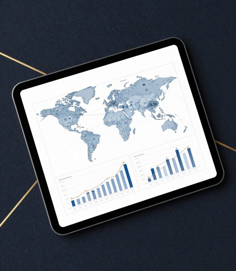 Flat-lay of a modern digital tablet displaying a national economic blueprint document, set against a dark navy textured background with subtle gold metallic lines.
