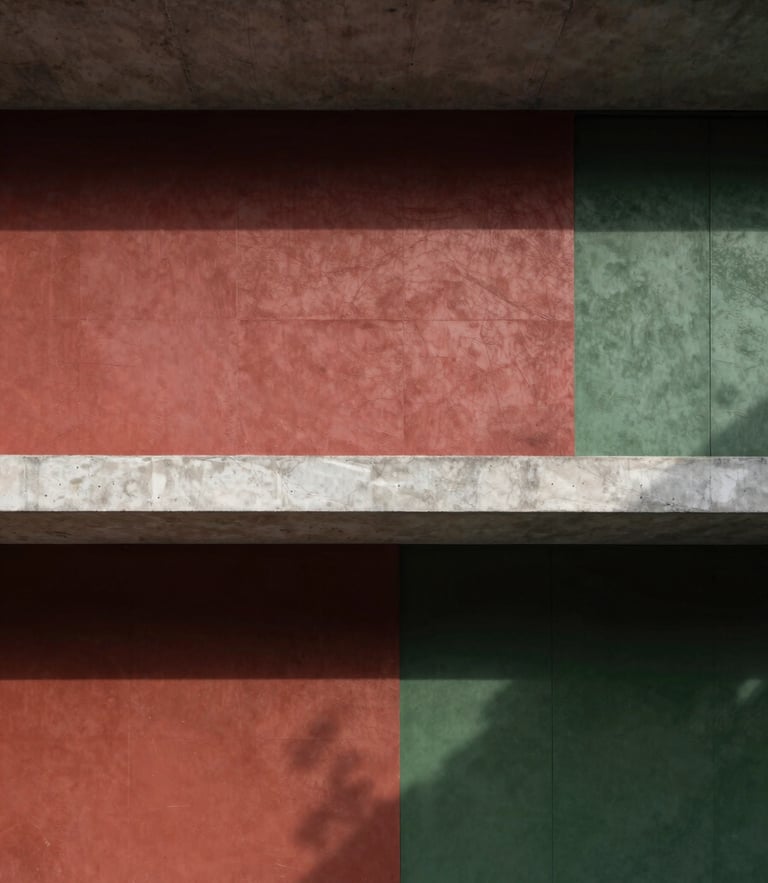 Editorial architectural photography of a minimalist concrete dwelling facade, sharp natural daylight casting deep geometric shadows, rich crimson and forest green undertones, 35mm.