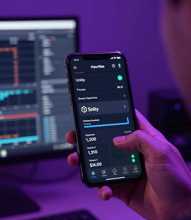 Over-the-shoulder macro shot of a game developer analyzing real-time Unity analytics on a high-contrast mobile screen in a dark Austin studio, neon violet ambient backlighting, 35mm