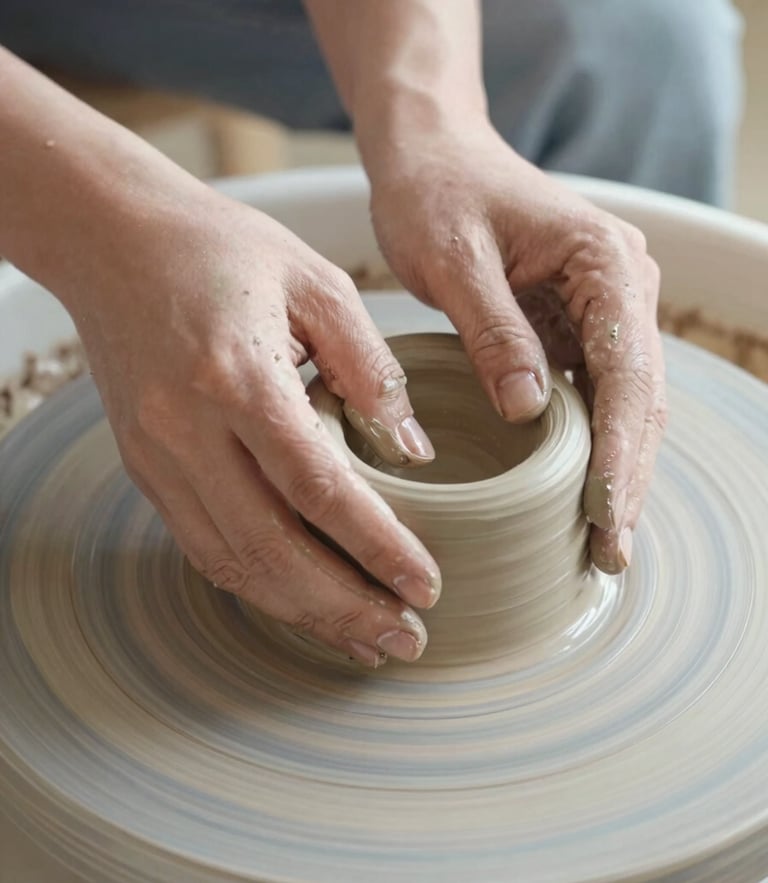 Tactile close-up of hands shaping raw clay on a potter's wheel, soft morning daylight, muted pastel tones, 35mm
