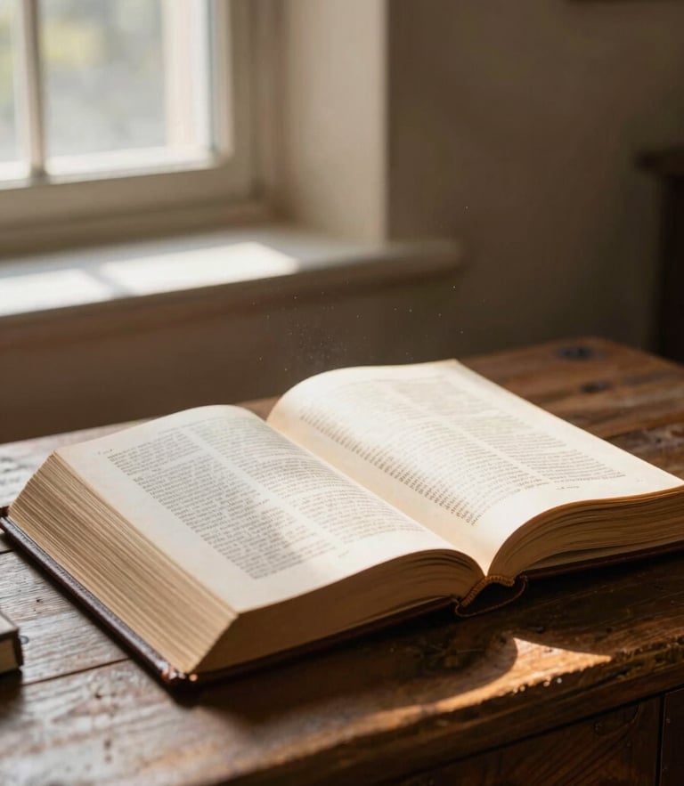 An open leather-bound theological book on a rustic wooden desk, illuminated by soft golden morning sunlight streaming through a chapel window, dust motes visible in the air