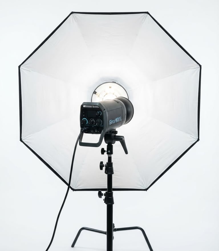 Professional studio flash strobe with softbox, sharp reflections on glass, clean white studio backdrop, bright high-key lighting, 85mm lens