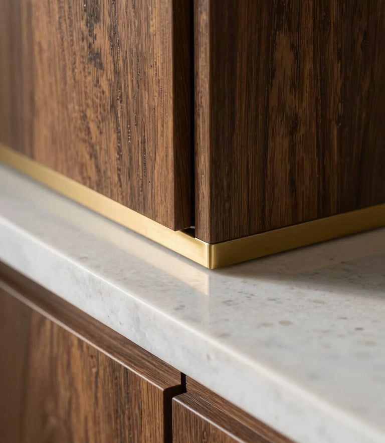 Macro close-up shot of a perfect material junction, dark oak veneer cabinet meeting a polished white quartz countertop with a brass channel detail, soft morning light.