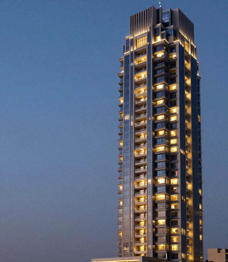 Wide panoramic twilight exterior of a luxury high-rise in Vadodara, warm interior lights glowing against the deep blue dusk sky, sharp architectural lines, expansive negative space on the left.