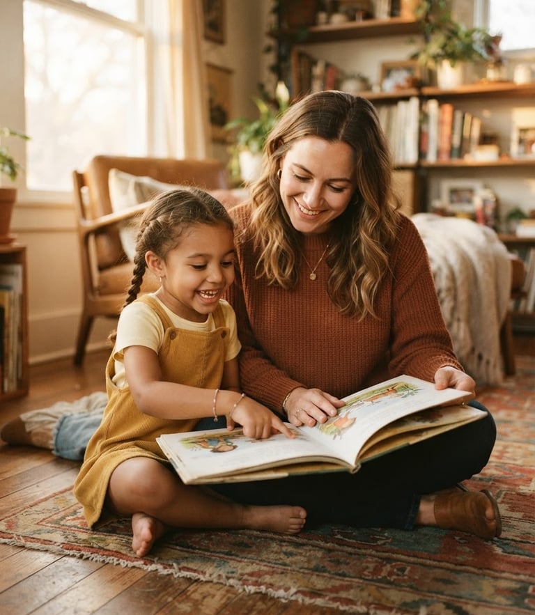 Candid eye-level medium shot of a mentor and a young child smiling while looking at a book together in a warm sunlit room, soft natural golden-hour light, rich earthy tones, 35mm.