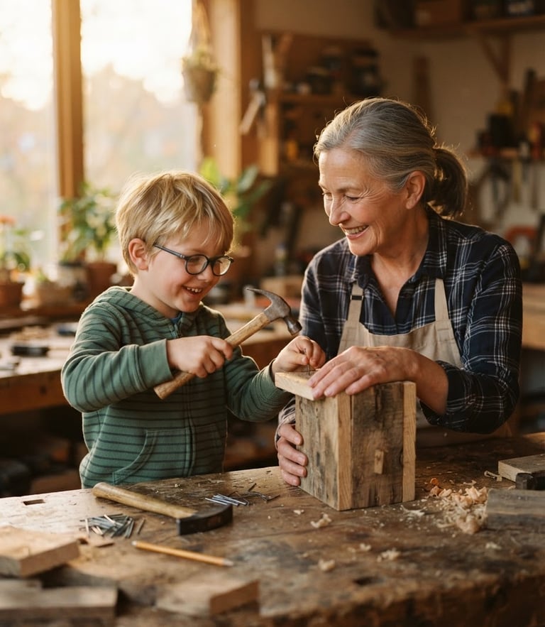 Candid eye-level medium shot of a mentor and a young child smiling while building a wooden birdhouse together, warm golden-hour light filtering through a window, shallow depth of field.
