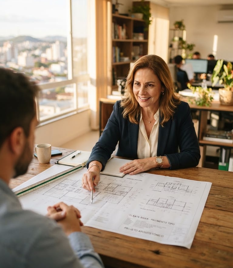 Professional real estate broker reviewing architectural plans on a wooden table in a bright office in Erechim, warm golden daylight, 35mm editorial style