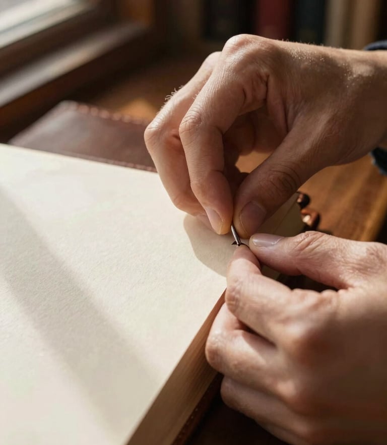 A close-up of artisan hands carefully stitching the spine of a leather-bound book, warm library window light casting soft shadows on textured cream paper