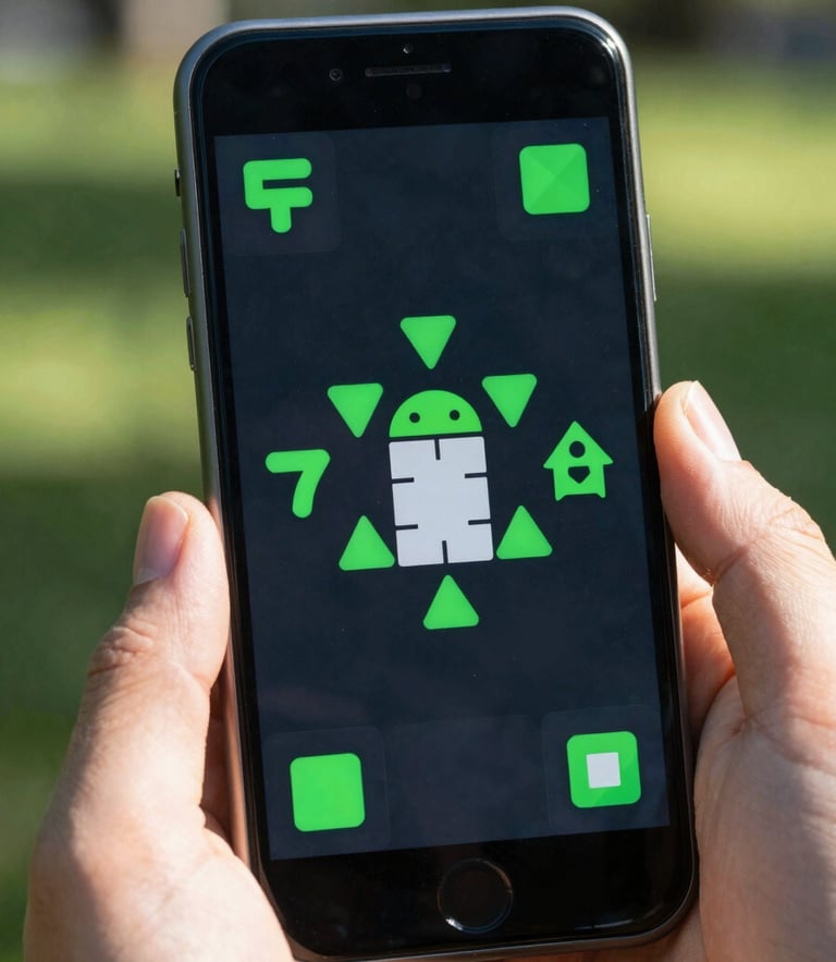 Macro shot of an Android screen displaying a slow-paced puzzle game with sharp geometric shapes and electric green accents, held by hands in a sunlit park.