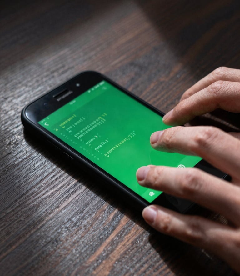 Macro shot of hands typing code on a physical Android phone lying on a dark wooden workbench, high-contrast daylight with sharp shadows, electric green screen accents