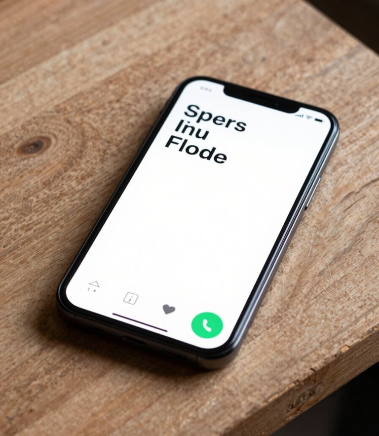 Crisp editorial photo of a physical phone resting on a raw wooden workbench, showing a minimalist wood-carving app with clean monospace typography.