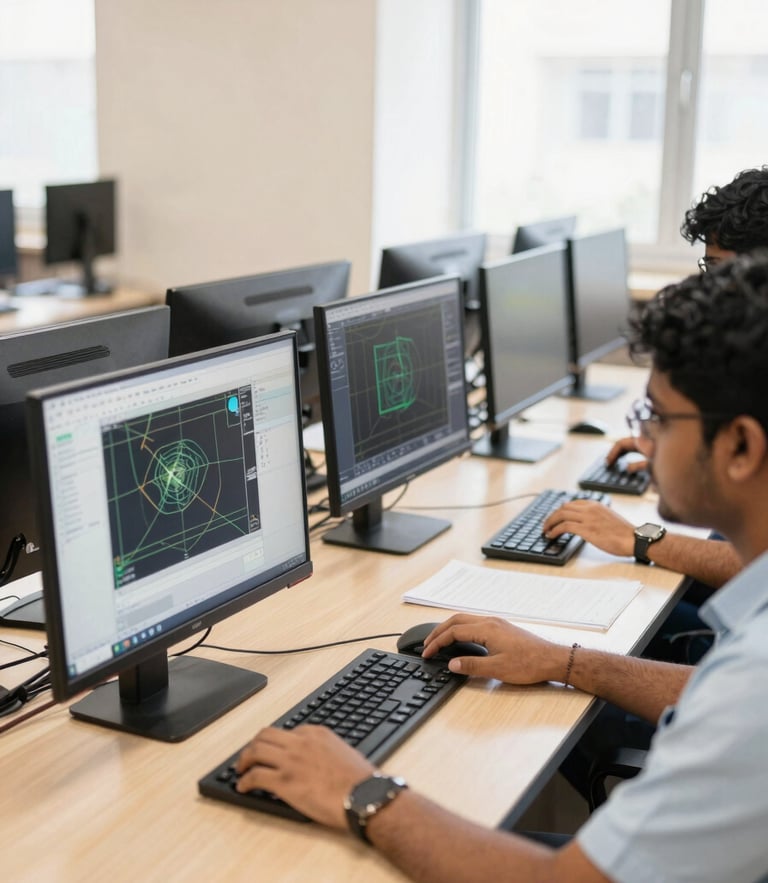 A warm, bright interior of a computer training classroom in Bangalore, with modern monitors and a student working on CAD software, natural daylight, 35mm lens