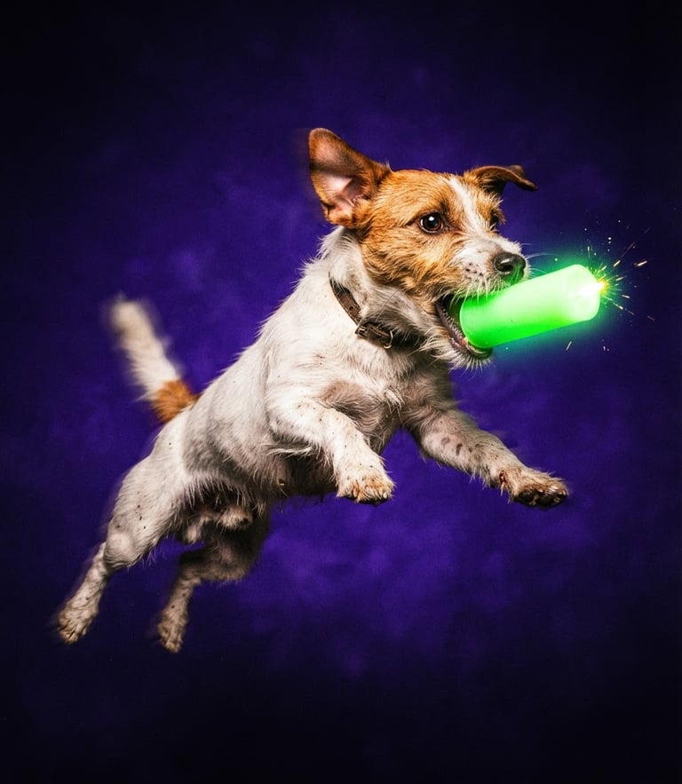 High-contrast flash photography of a hyperactive Jack Russell Terrier in mid-air, chasing a glowing neon green candle, vibrant Solana purple background, 35mm wide-angle lens