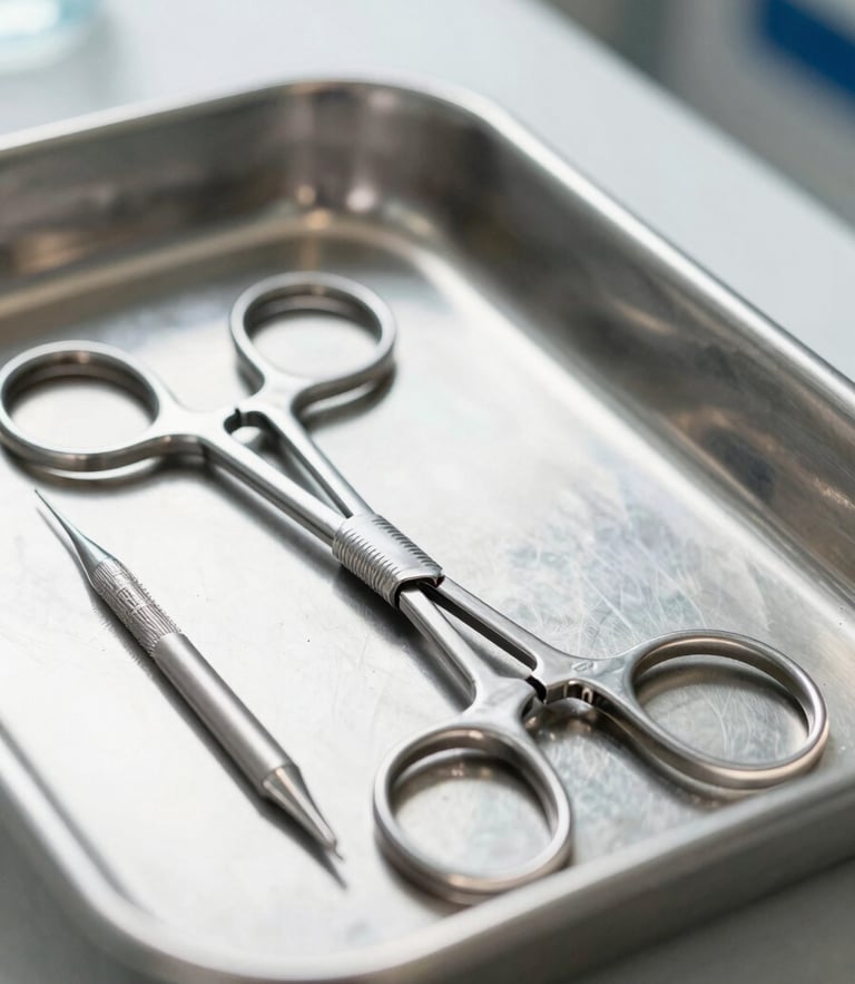 Close-up of sterilized surgical instruments on a clean stainless steel tray, bright clinical lighting, natural midday light, sharp focus.