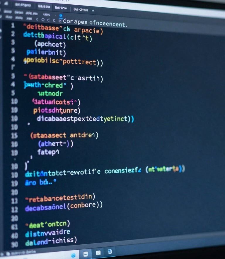 Cool-toned macro photograph of structured code on a high-end monitor, soft blue office lighting, shallow depth of field, sharp focus on database query syntax.