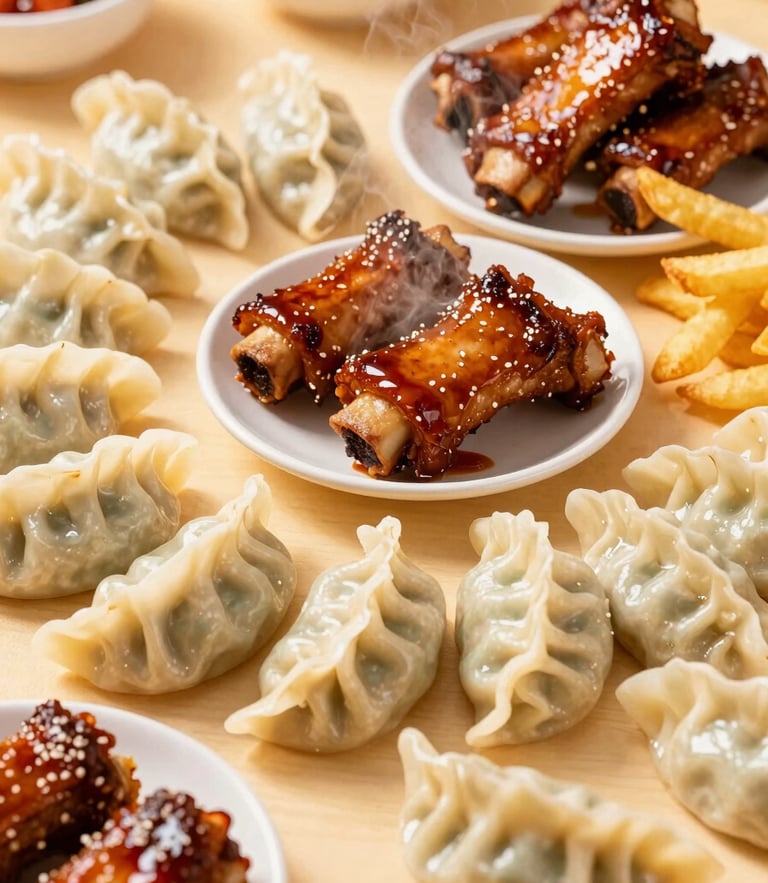 Vibrant close-up of a giant overhead table spread, steaming dumplings, glazed ribs, and crispy fries under warm directional light, 35mm