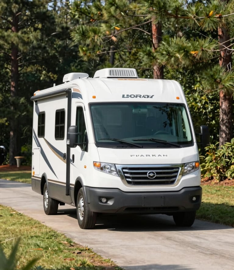 Straight-on eye-level medium shot of a modern family RV parked in a green North Carolina pine driveway under bright midday sun.