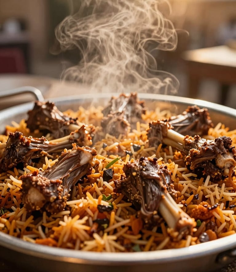 Warm editorial photography of a steaming communal platter of lamb mandi on spiced rice, low-angle golden hour light, rich amber tones, shallow depth of field, 35mm