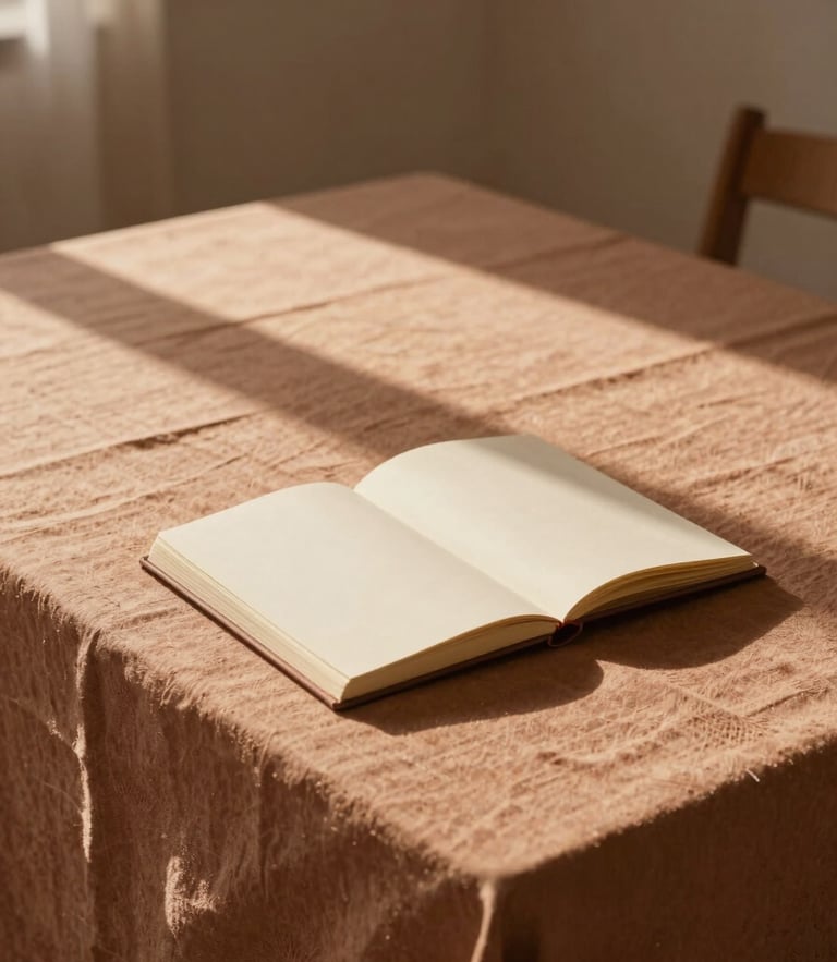 Wide atmospheric shot of soft morning light casting long shadows across an empty linen-covered table with a single open journal, warm terracotta tones, quiet solitude.