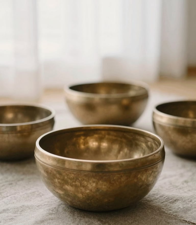 Tactile close-up of brass singing bowls on raw linen, soft morning sunlight filtering through sheer curtains, shallow depth of field, 35mm