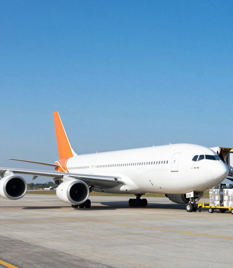 Wide environmental shot of a modern cargo aircraft loading freight on a bright runway, high-contrast corporate blue tones, crisp daylight.