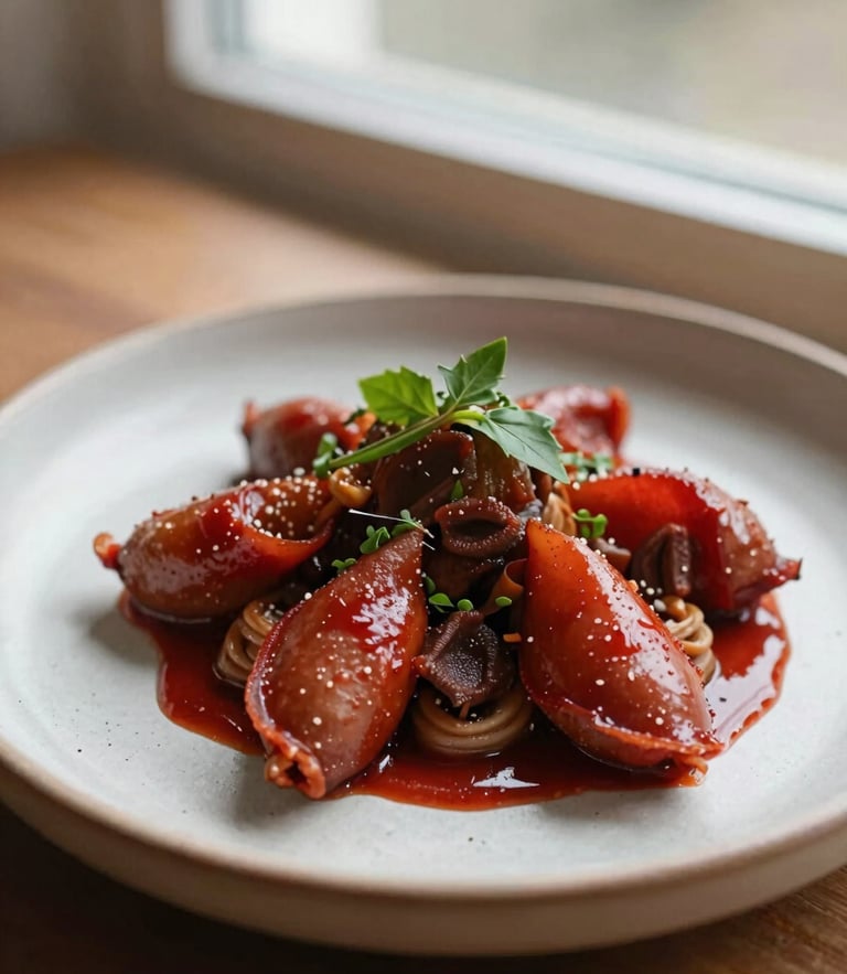 Close-up of a beautifully plated seasonal dish on a rustic ceramic plate, soft natural window light, warm crimson tones, 35mm photography