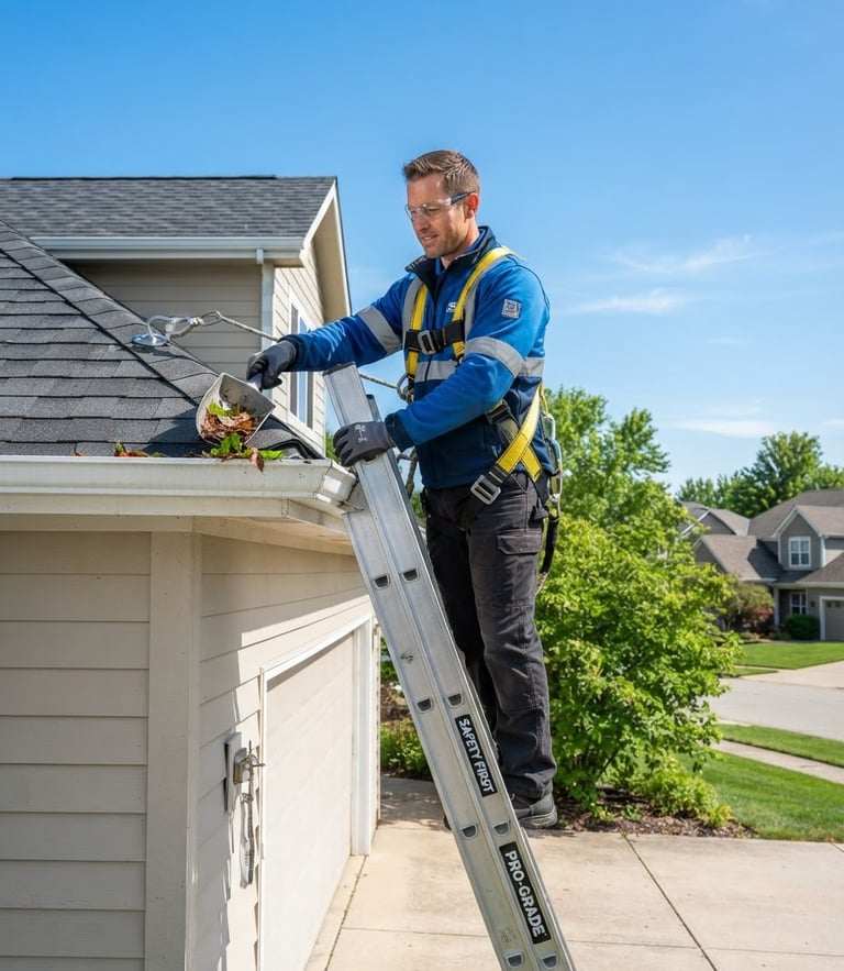 A professional gutter technician in branded safety gear standing securely on a ladder, bright natural daylight, clean blue sky