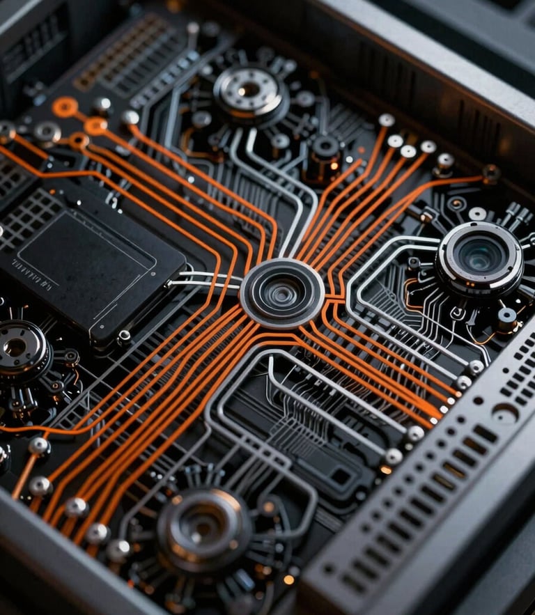 Extreme close-up of high-end server architecture, sharp orange and silver vector paths, low-key lighting with deep shadows, technical schematics overlay.