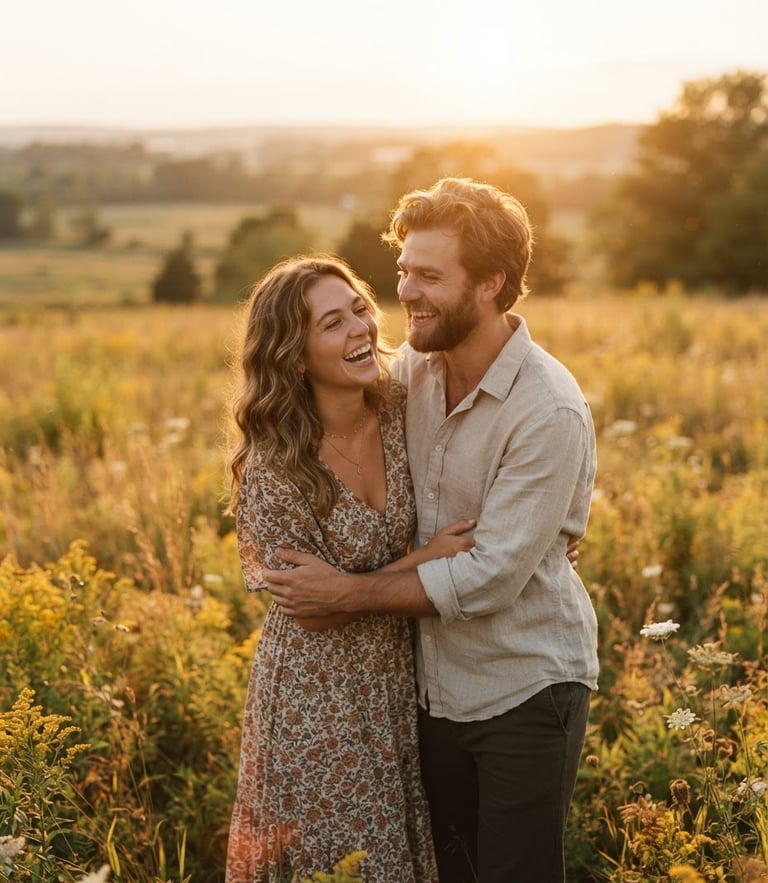 A warm, sun-drenched cinematic portrait of a happy couple laughing together in a golden-hour field, soft nostalgic earth tones, shallow depth of field, 35mm film