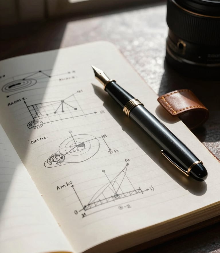 A close-up, high-contrast photograph of a structured leather notebook, a classic fountain pen, and hand-sketched analytical frameworks under natural window light with deep shadows.