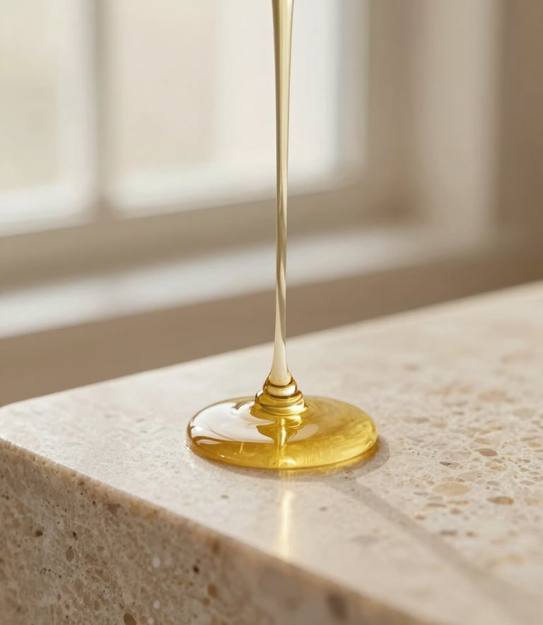 Macro close-up of luxurious golden oil dripping onto a smooth travertine stone, soft morning window light, warm champagne tones, shallow depth of field, 35mm